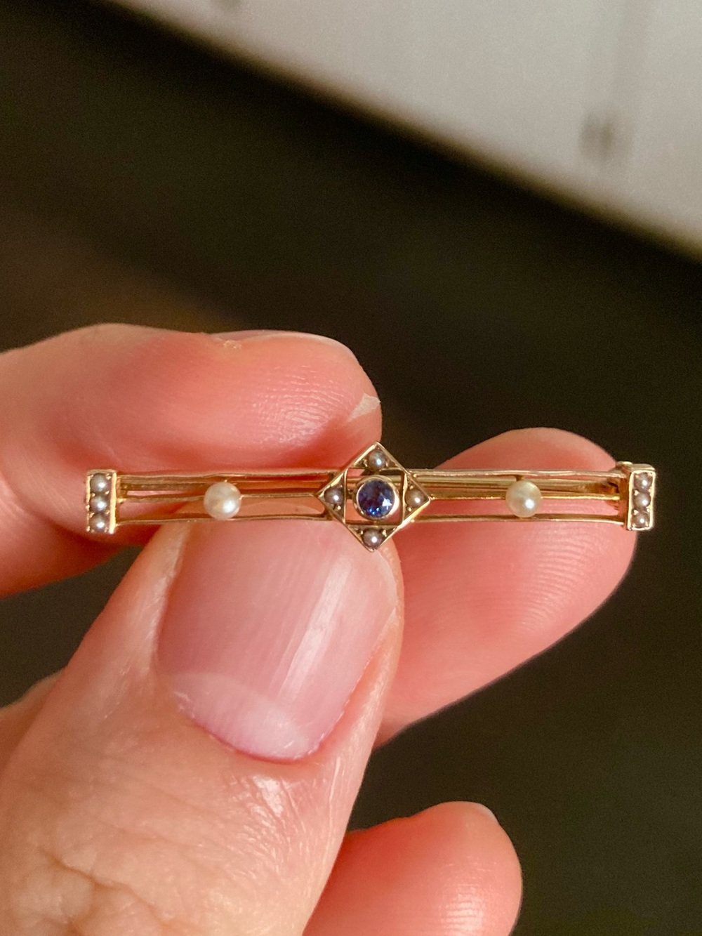 Antique Edwardian 14K Blue Topaz & Seed Pearl Signed Krementz & CO Brooch
